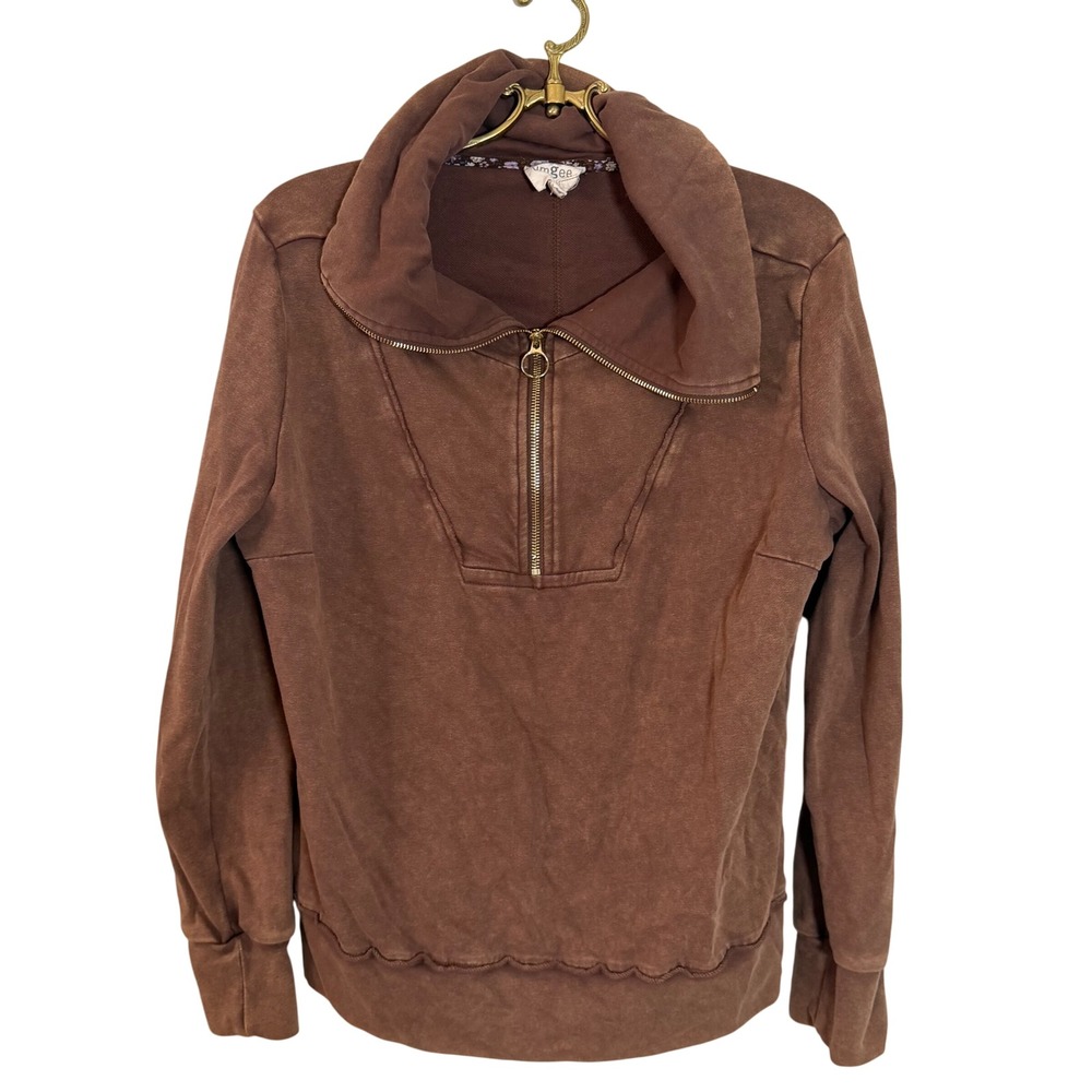 Umgee Womens Brown Mineral Wash Quarter Zip Pullover Shawl Collar Sweater Small